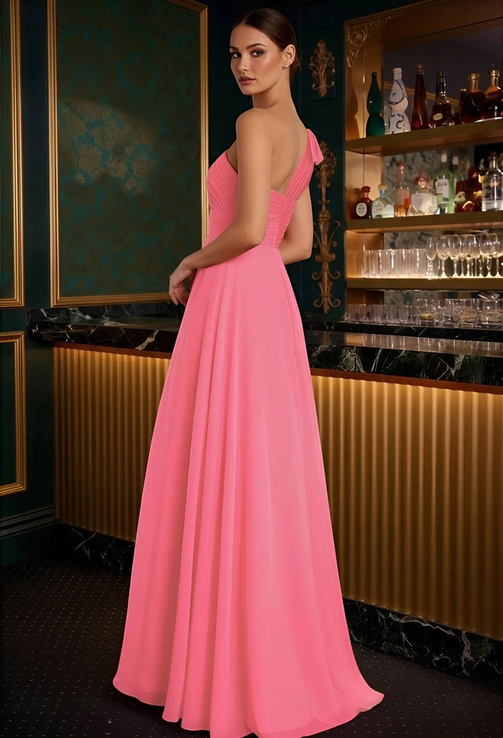 Back view of the one-shoulder formal gown with flowing chiffon skirt.