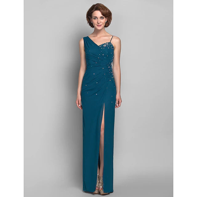 Elegant one-shoulder sheath Mother of the Bride dress with beading.