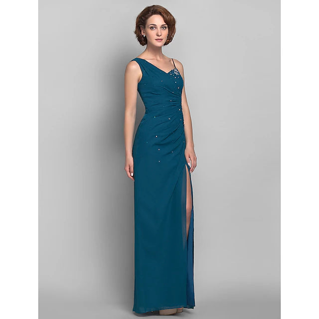 Side view of the beaded one-shoulder formal dress.