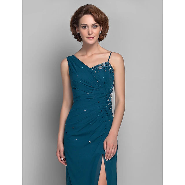 Full length view of the elegant one-shoulder gown.