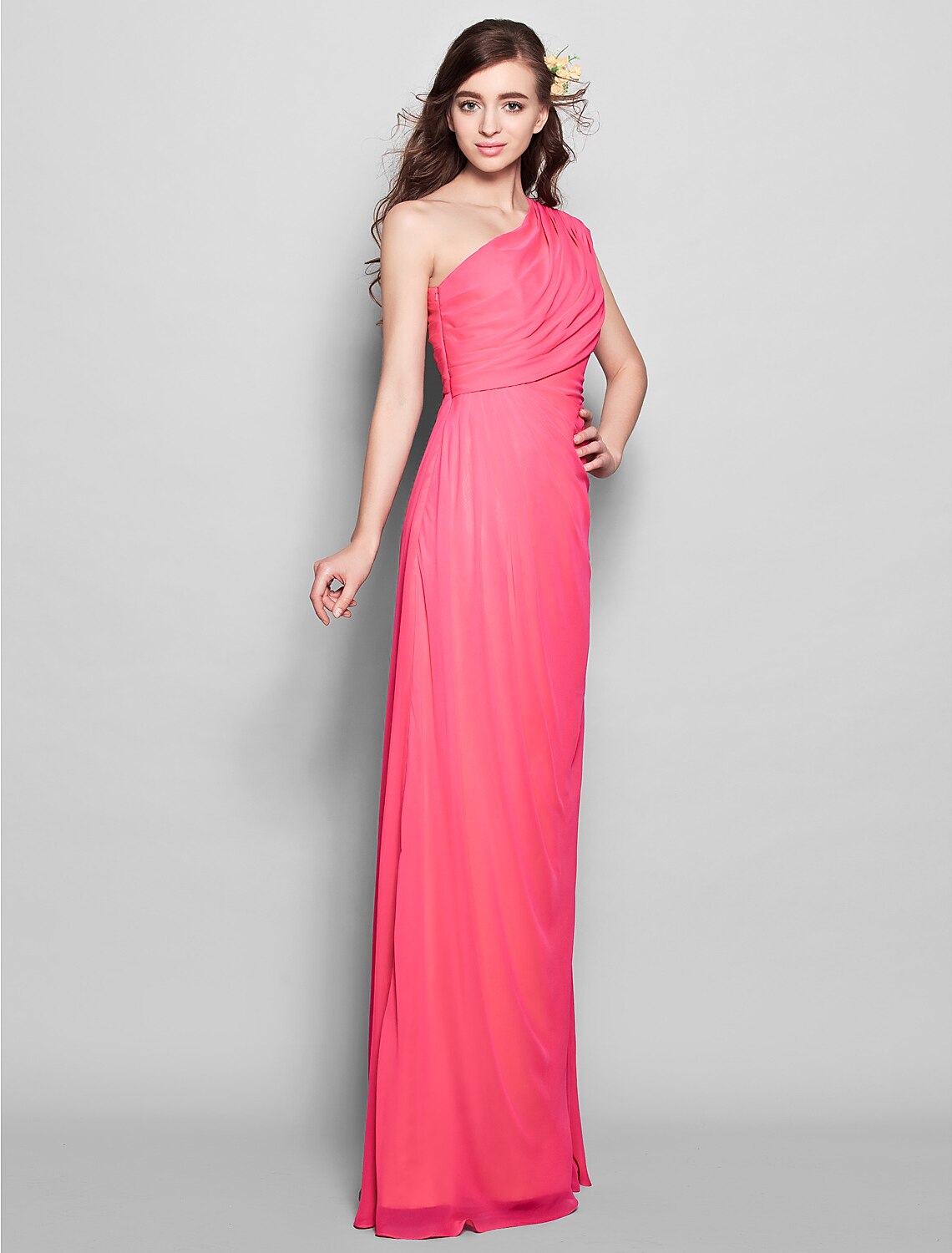 Back view of a floor-length one-shoulder chiffon bridesmaid dress.