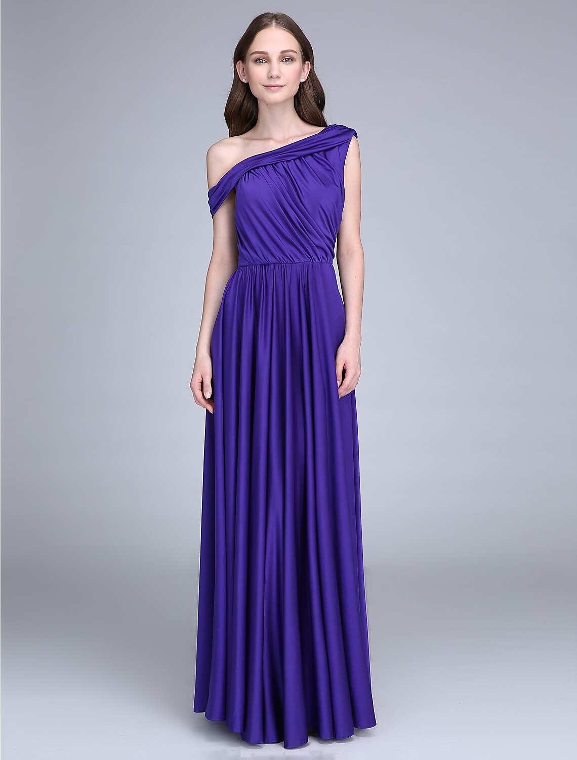 Elegant one-shoulder sheath bridesmaid dress with side draping.
