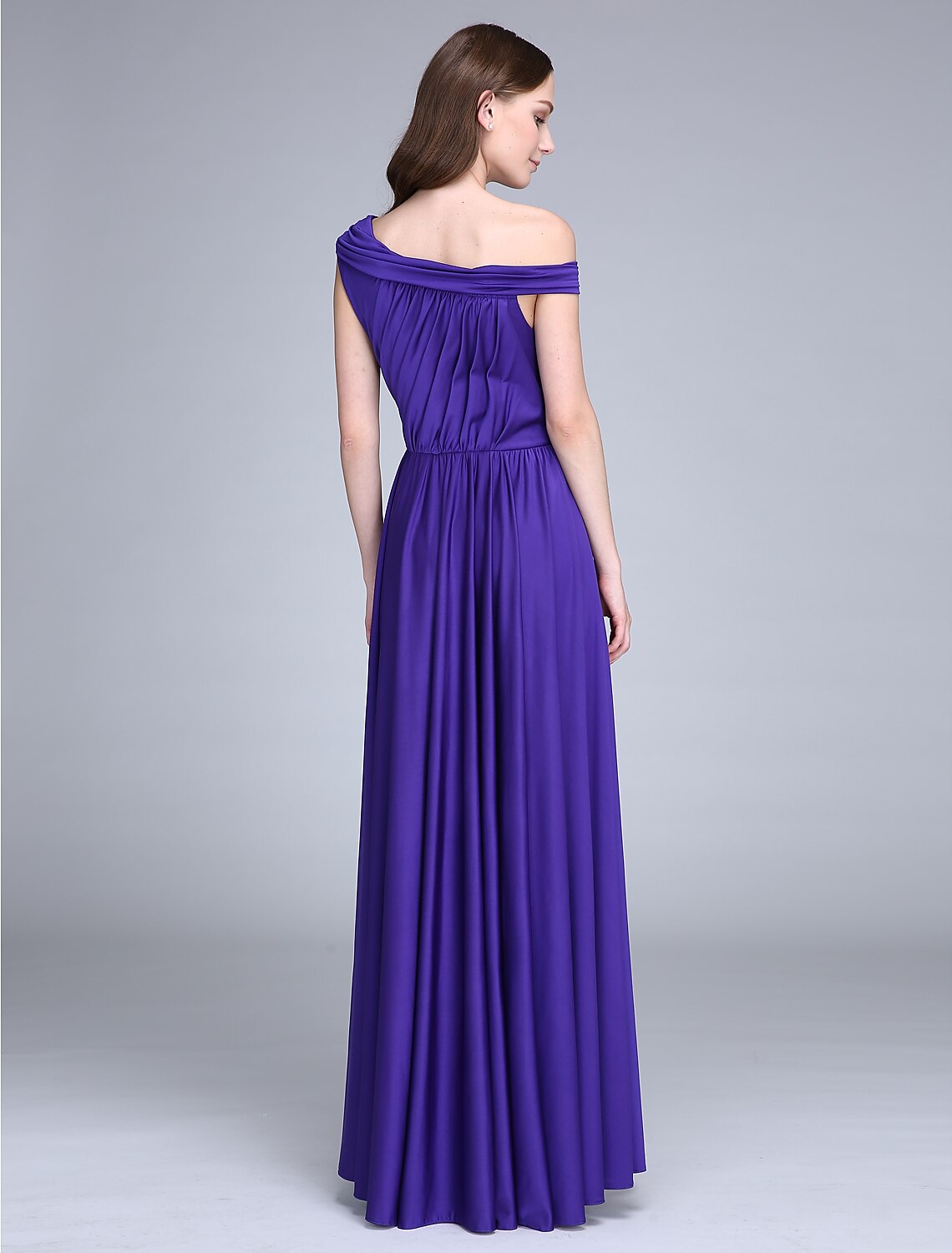 Floor-length jersey bridesmaid gown, sleeveless with a one-shoulder design.