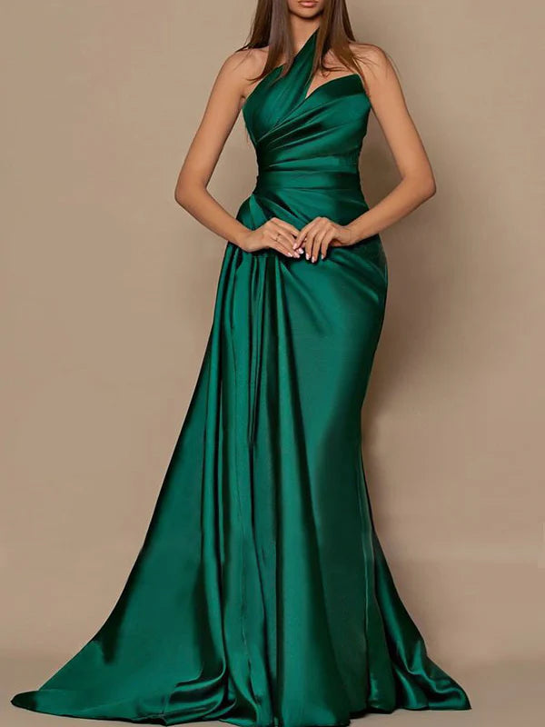 Back view of the one-shoulder sheath prom dress, highlighting its silhouette.