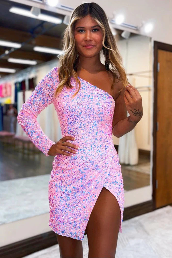 Woman wearing an elegant one shoulder sheath mini homecoming dress.