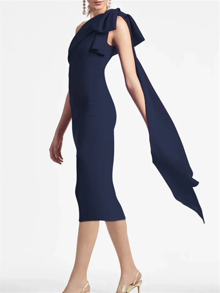 Full view of the knee-length sheath dress, showcasing its flattering silhouette.