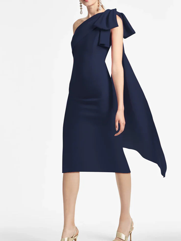 Back view of the one-shoulder formal sheath dress, highlighting its elegant design.