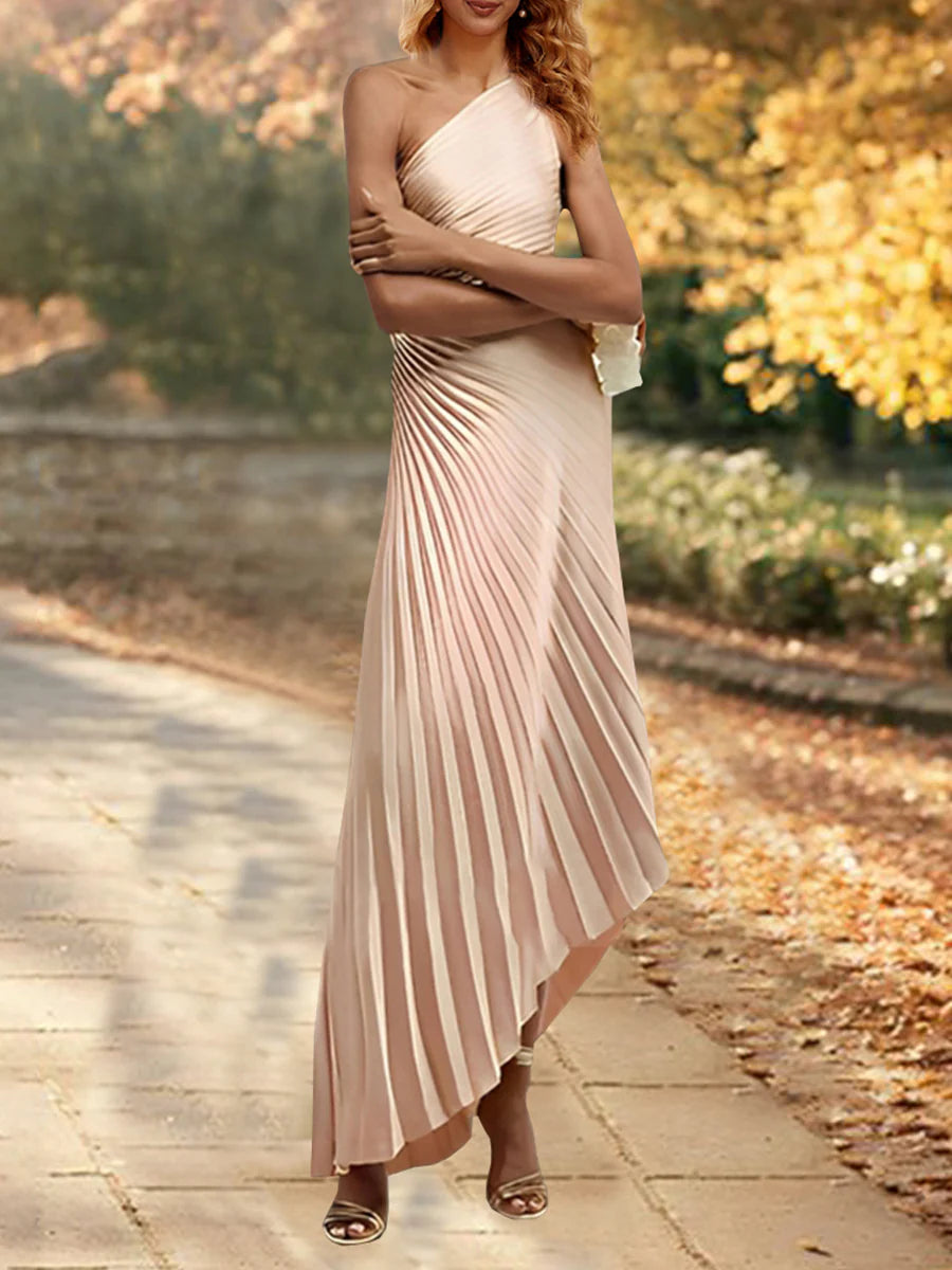 Elegant one-shoulder sheath gown for Mother of the Bride.