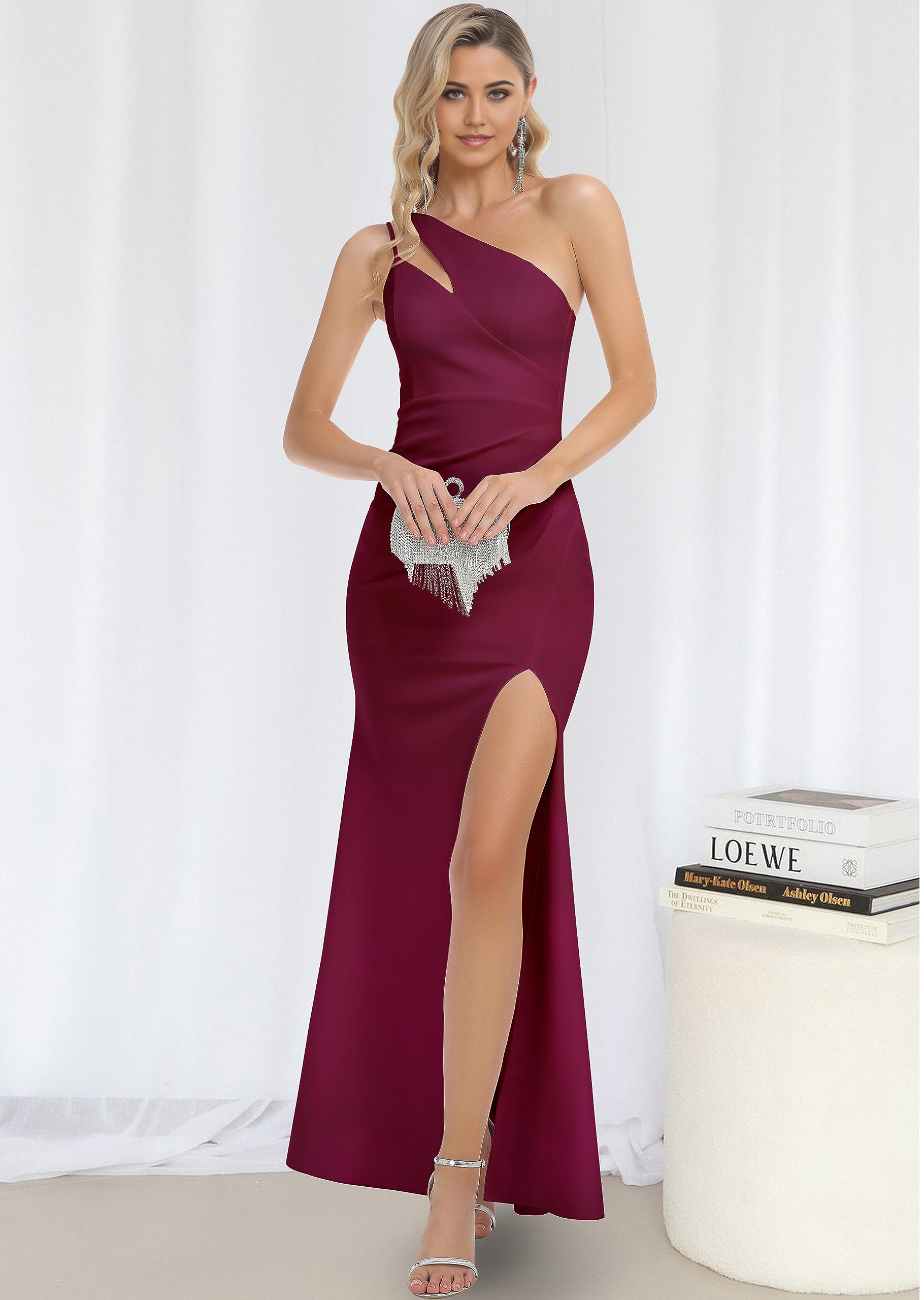 Side view of the elegant one-shoulder formal dress, highlighting the ruched fabric.
