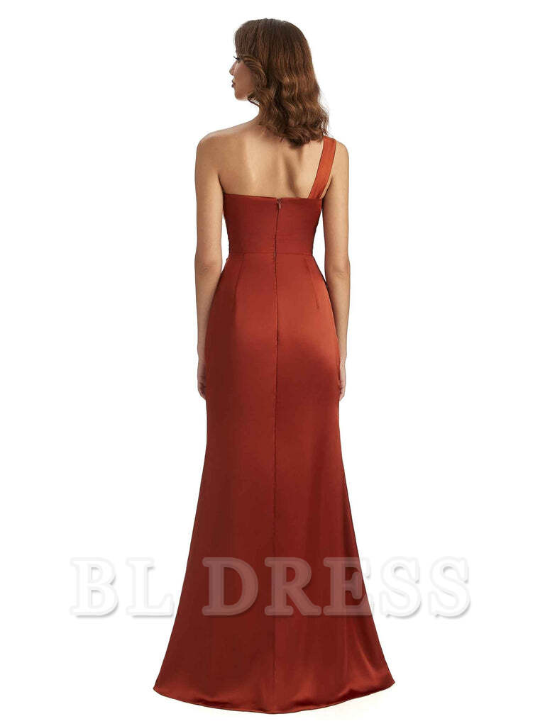 Back view of the one-shoulder satin formal dress, showcasing the sleek silhouette.