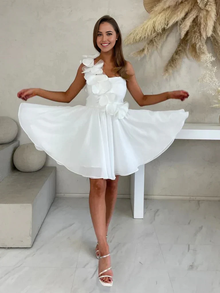 Elegant short one-shoulder chiffon prom dress with 3D flowers.