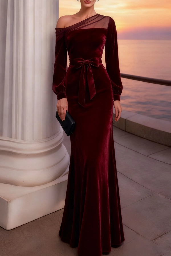 Burgundy one-shoulder velvet maxi dress, full length view.