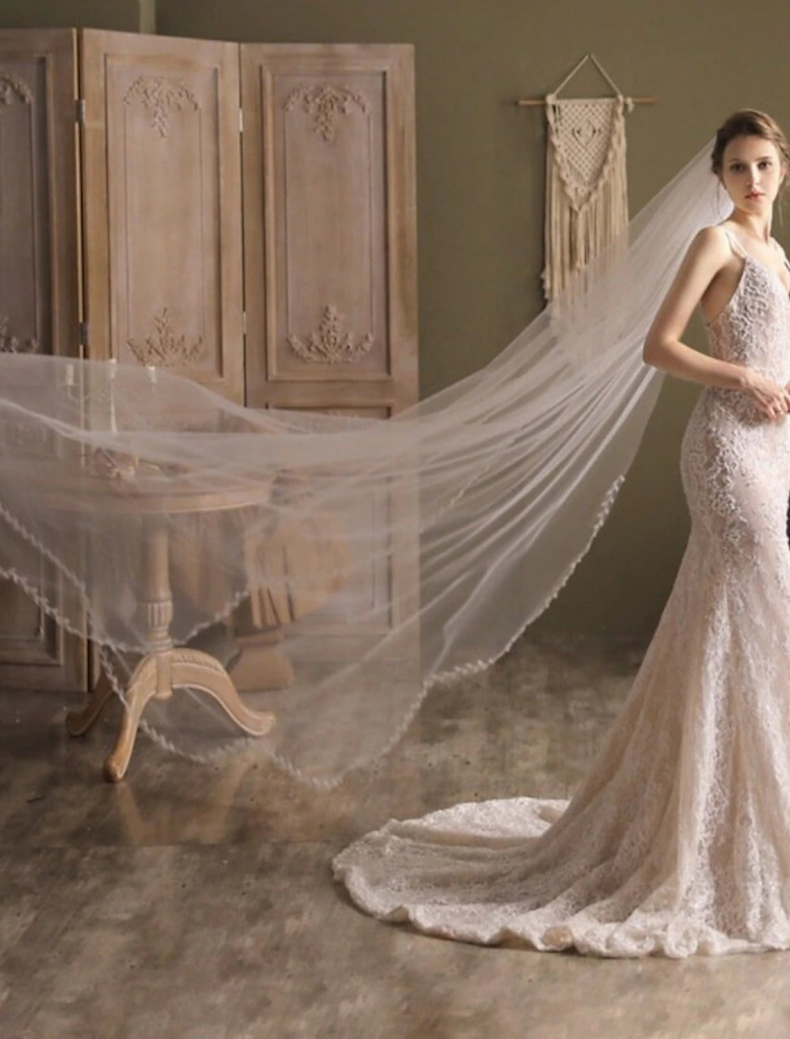 Elegant one-tier cathedral wedding veil with faux pearl and lace appliques.