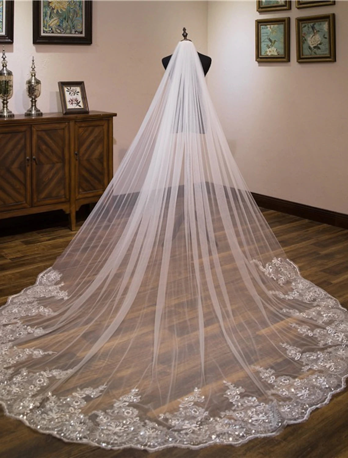 Back view of a bride showcasing the flowing 160cm cathedral wedding veil.