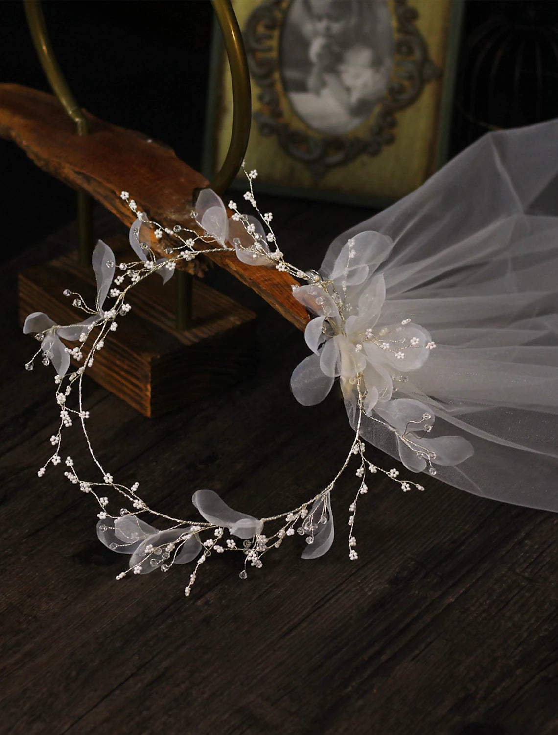 Full view of floral tulle shoulder wedding veil.
