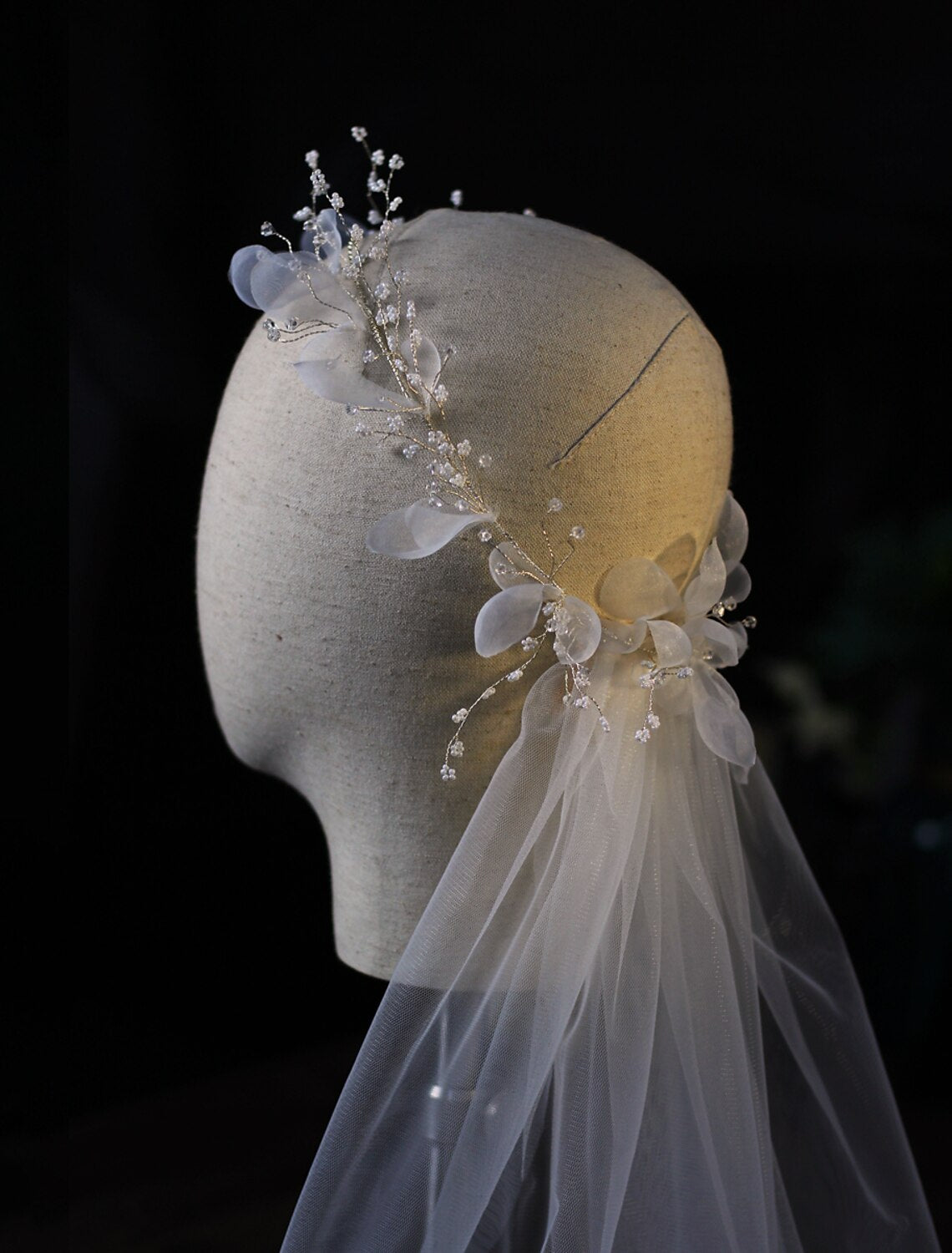 Detailed view of floral design and pendant on wedding veil.