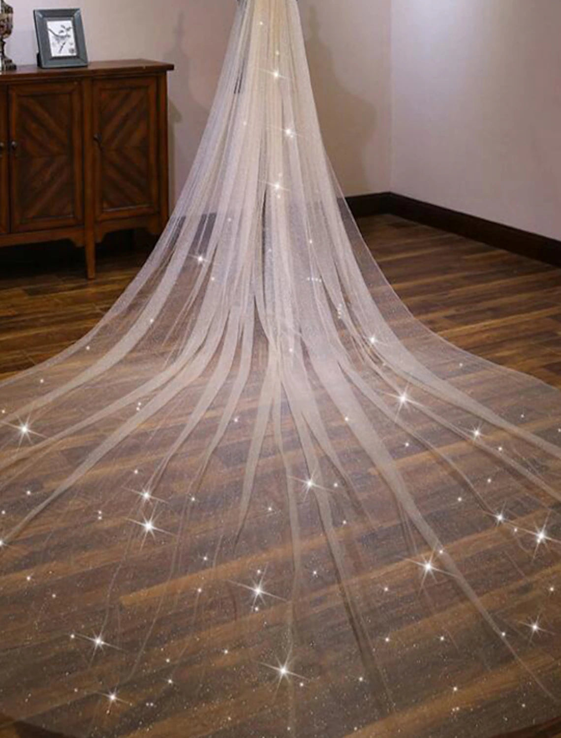 Close-up of delicate lace detail on the wedding veil.