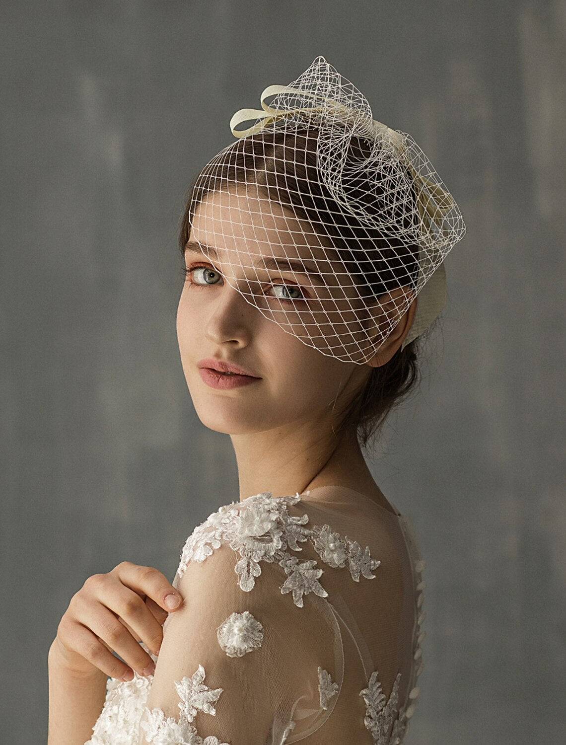 Elegant one-tier tulle wedding veil with a delicate ribbon bow.