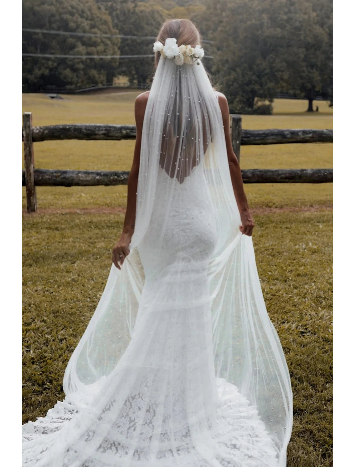 Back view of a bride with a flowing 280cm cathedral veil.