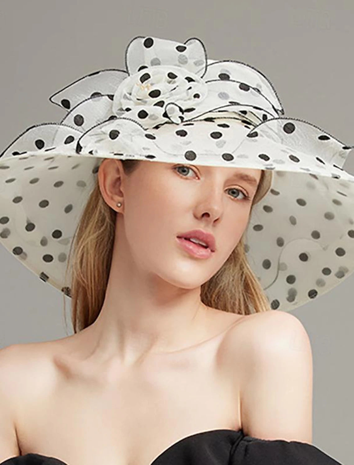 Close-up of the organza floppy hat showing polka dot lace detail.