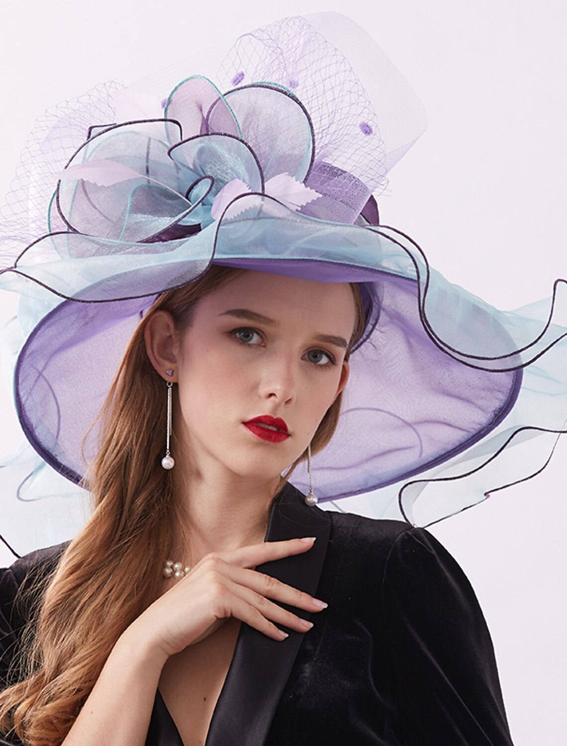 Front view of the wide brim organza hat, suitable for church events.