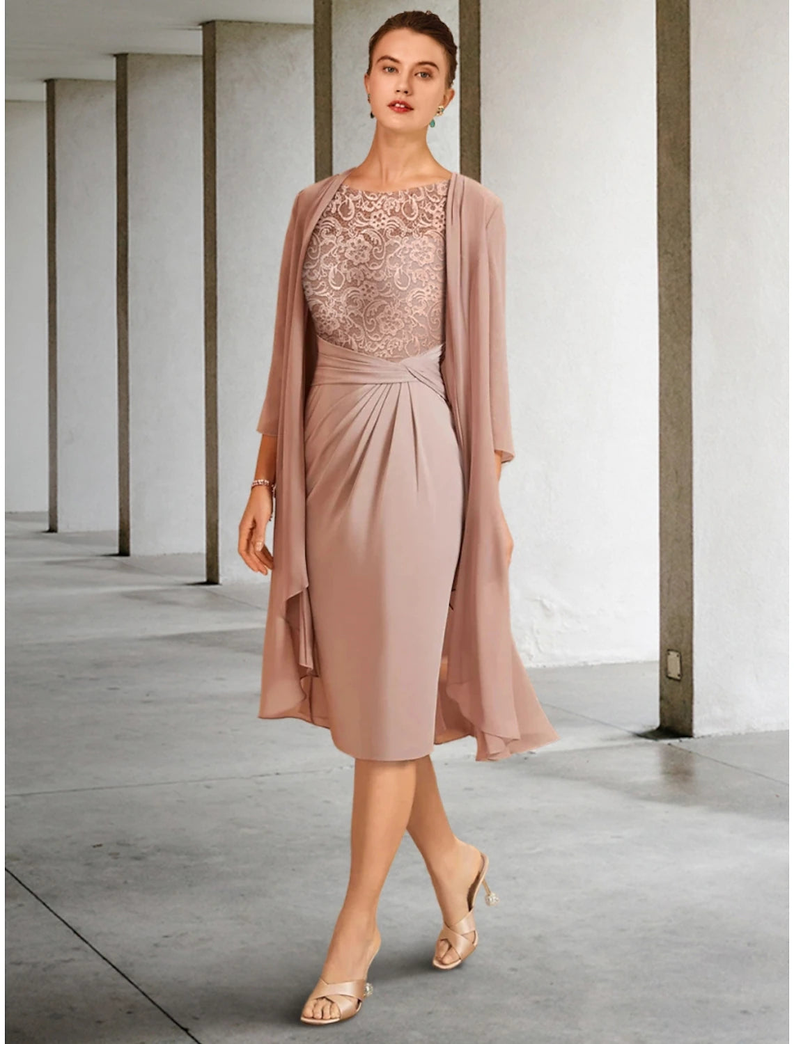 Elegant petite A-line chiffon dress with 3/4 sleeves and lace ruching.