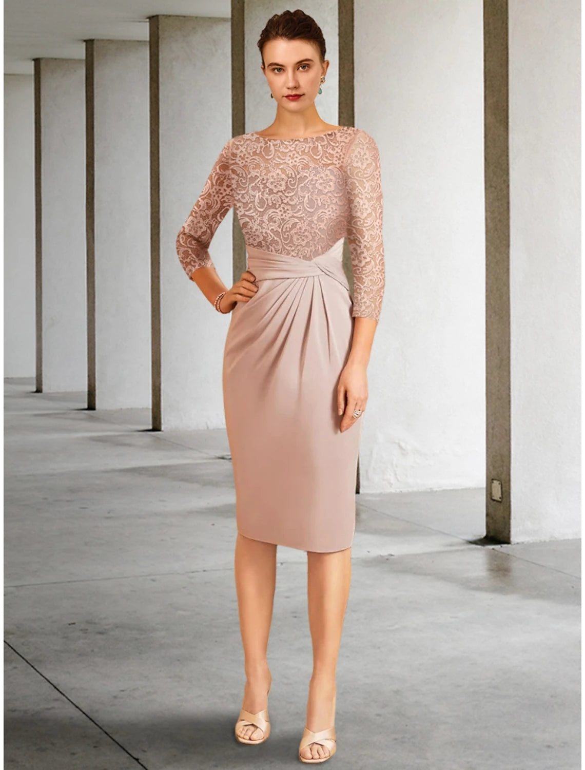Back view of the knee-length A-line mother of the bride dress.