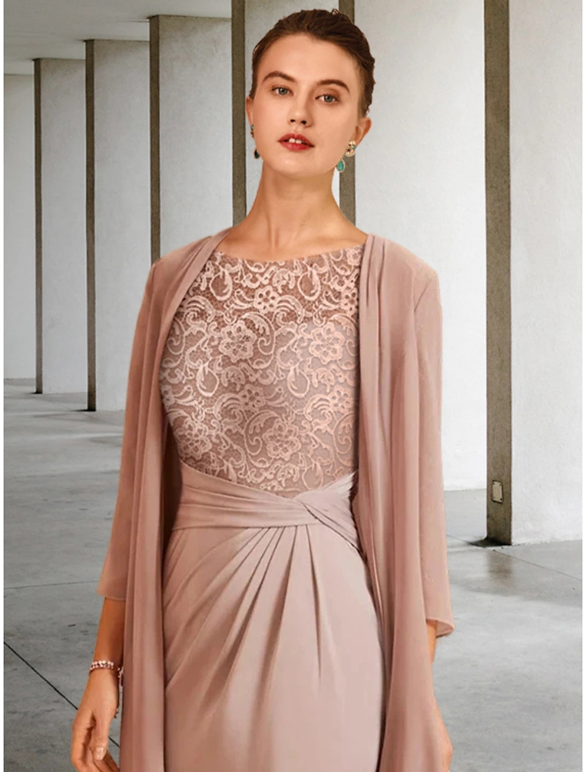 Side view of the elegant chiffon wedding guest dress with scoop neck.