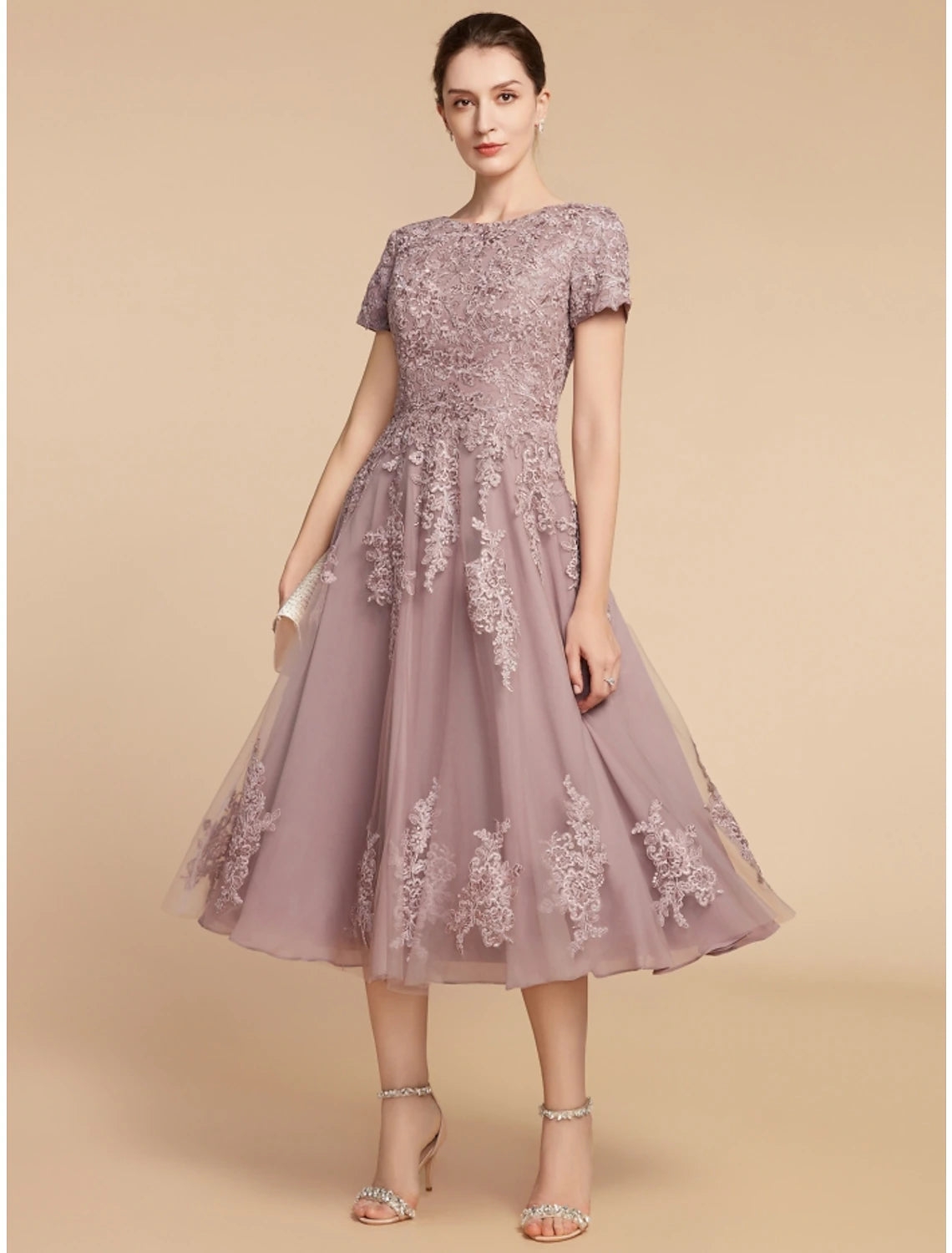 Side view of the petite A-line dress, showing tea length and silhouette.