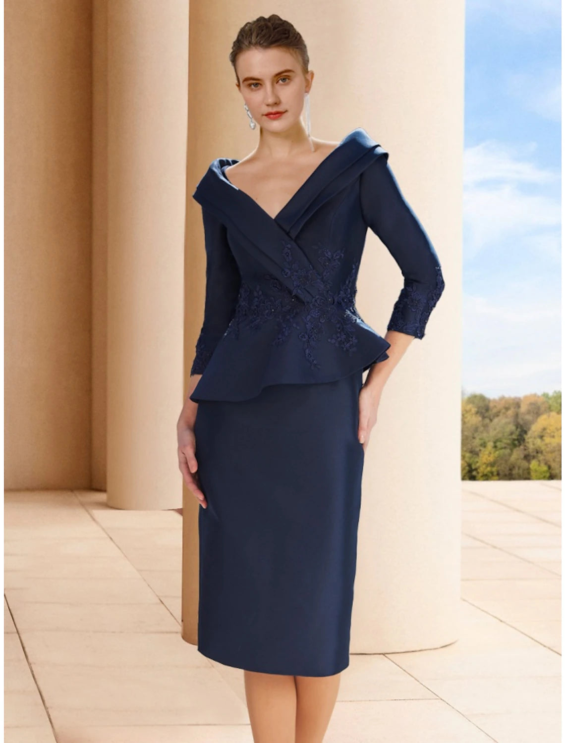 Elegant petite A-line V-neck satin mother of the bride dress with 3/4 sleeves and front ruching.