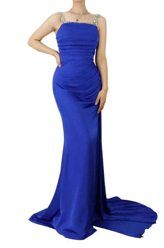 Elegant long prom dress with sweetheart neckline, pleated bodice, and a side slit.