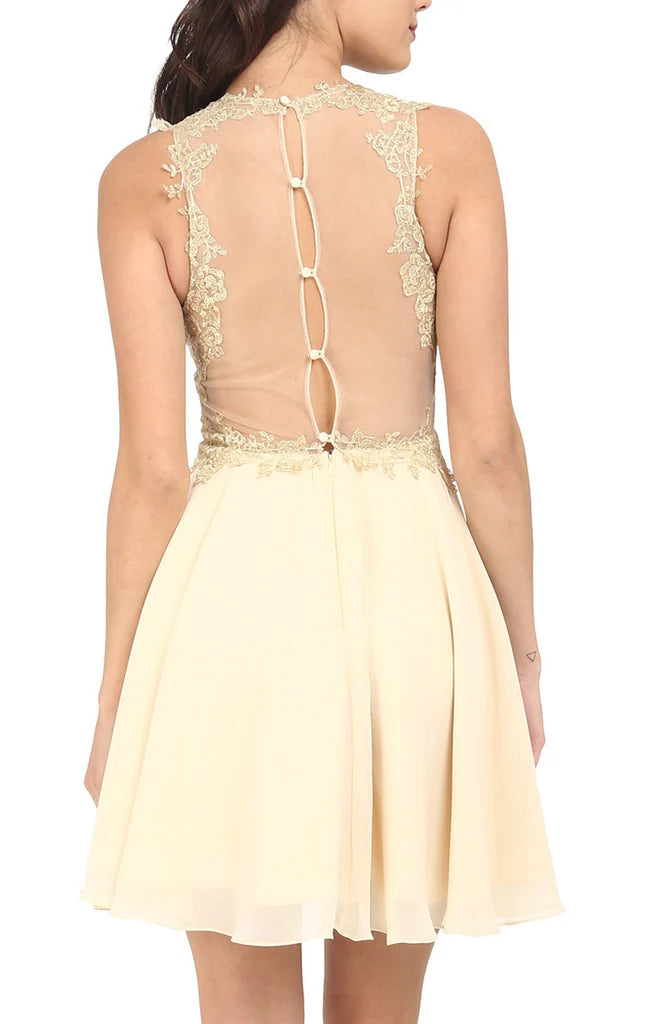 Formal A-line gown in chiffon and lace, showing the flowing skirt.