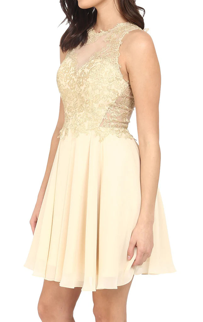 Detail of the delicate lace and chiffon fabric on the formal dress.