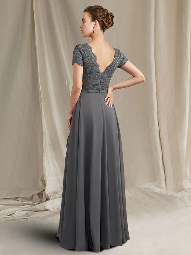 Side view of the elegant A-Line Mother of the Bride dress.