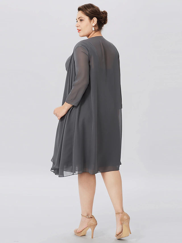 Back view of a sleeveless chiffon A-Line dress.