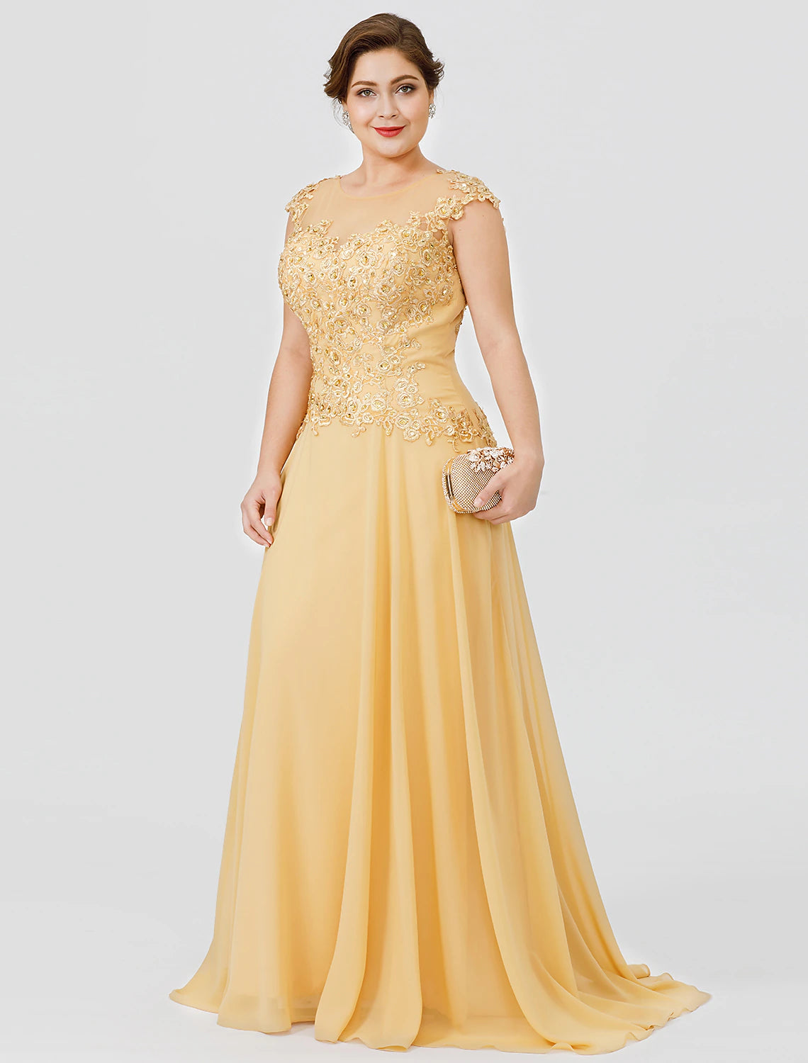 Elegant A-Line Mother of the Bride dress with illusion neckline and short sleeves.