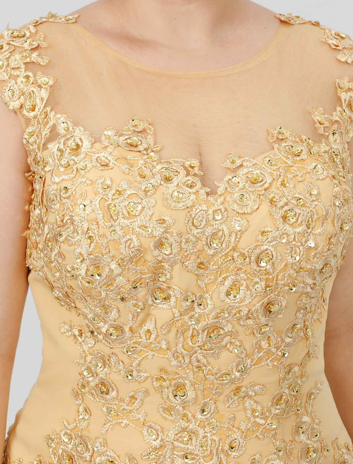 Back view of A-Line formal dress showing sweep train and bow accent.