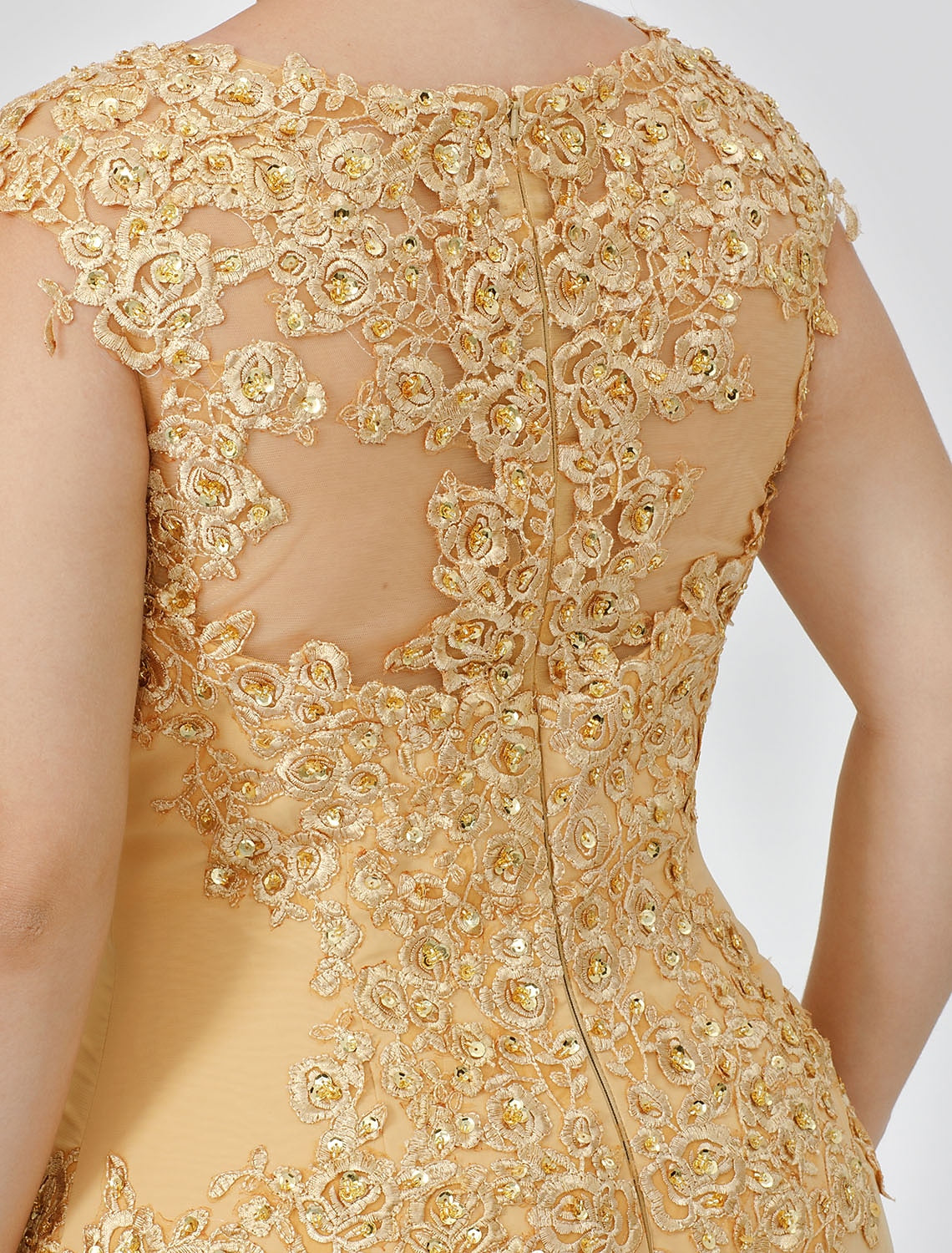 Side view of elegant short sleeve Mother of the Bride dress.