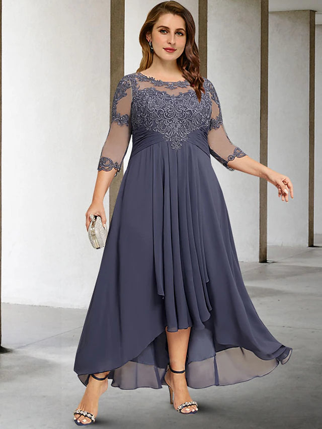 Elegant A-Line plus size Mother of the Bride dress with jewel neck and 3/4 sleeves.