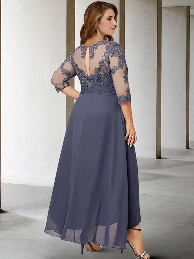 Back view of an A-Line plus size dress showing pleats and appliques.