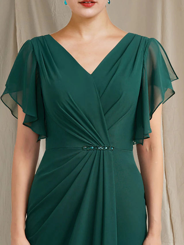 Side view of the plus size A-Line Mother of the Bride dress, showing side-draped detail.