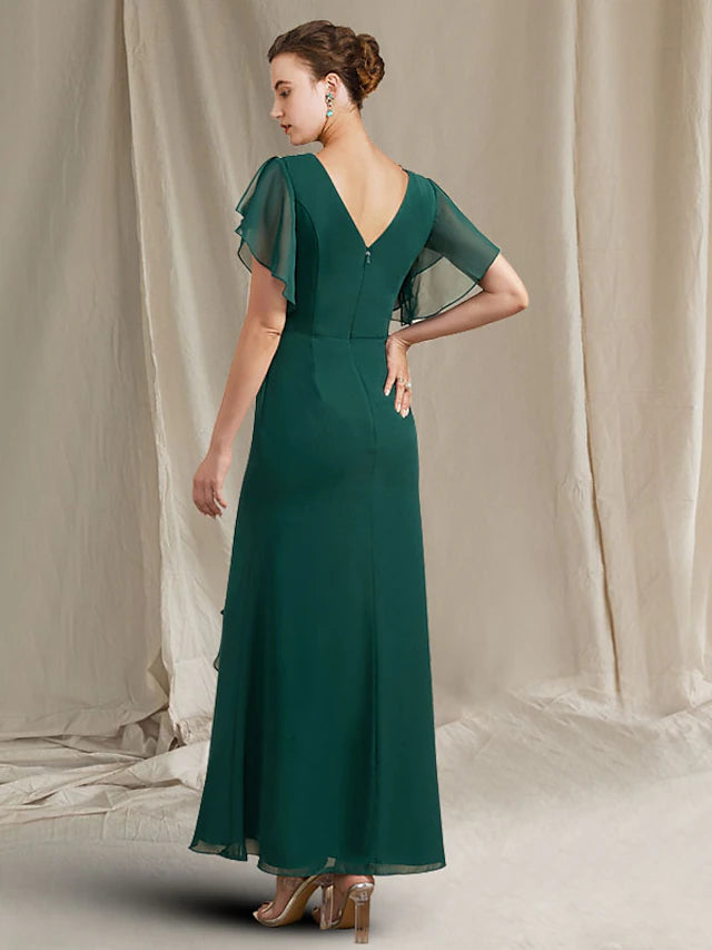Back view of the elegant chiffon Mother of the Bride gown.