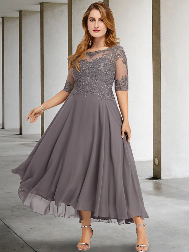 Front view of an elegant plus size A-line Mother of the Bride dress in chiffon.