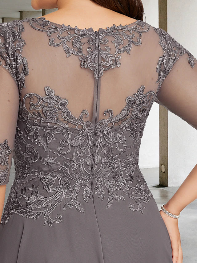 Side view of the plus size A-line chiffon gown with half sleeves and jewel neck.