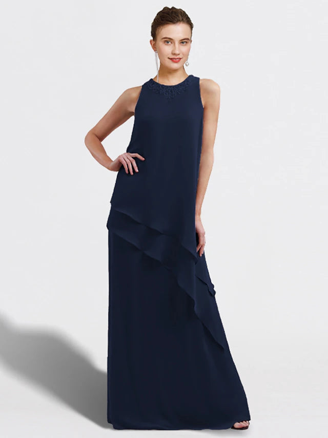 Back view of the floor length chiffon dress with a matching wrap.