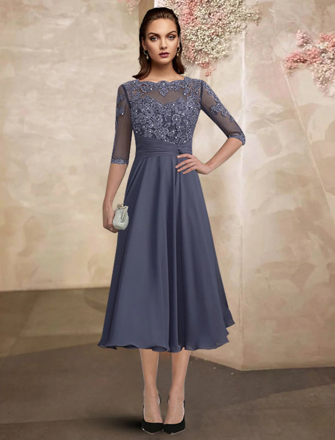 Elegant A-line jewel neck half sleeve chiffon lace dress for formal occasions.