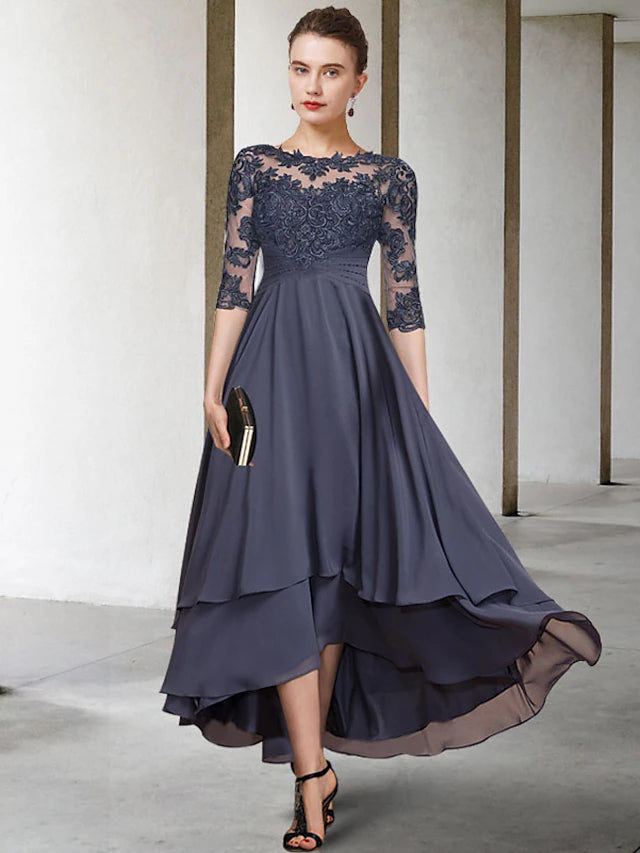 Elegant plus size A-line Mother of the Bride dress with jewel neck and short sleeves.
