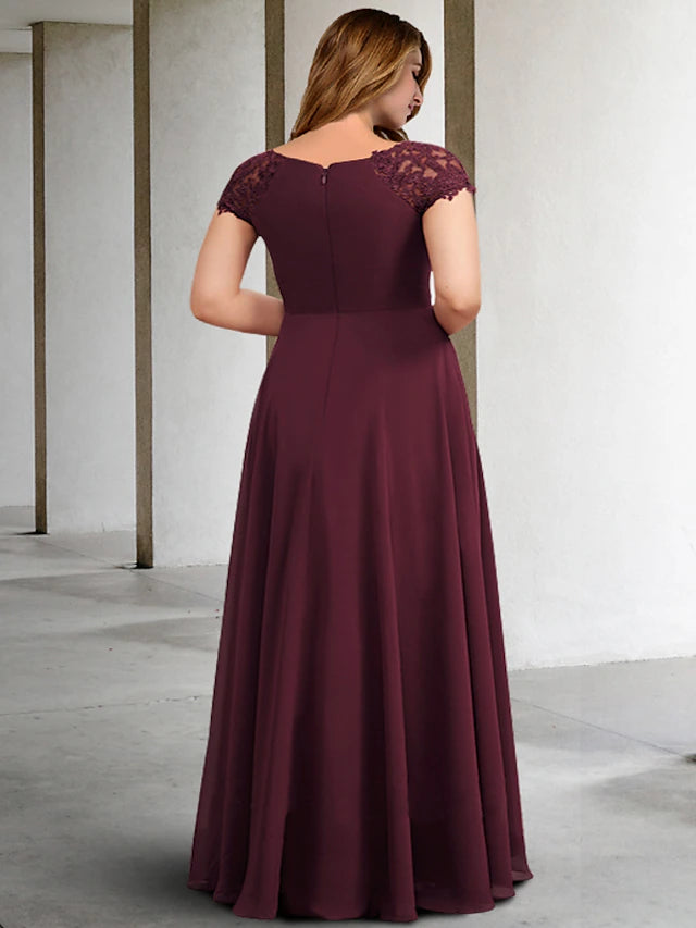 Side view of the floor length plus size formal dress.