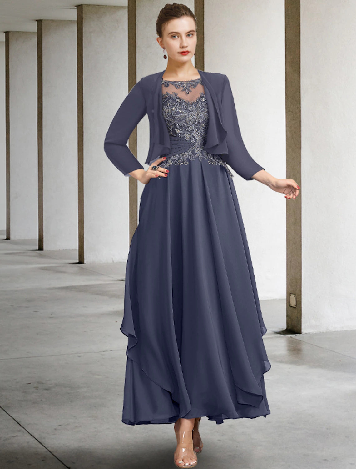 Back view of the elegant two-piece plus size dress, showing ruched appliques and ankle length.