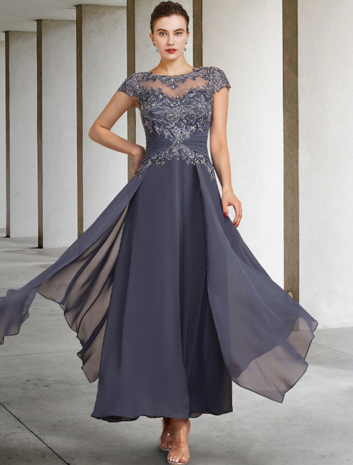 Side view of the plus size wedding guest dress, highlighting the A-line silhouette.